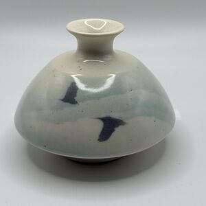 MCM Art Pottery Bulbous Bud Vase Blue Grey White Birds in Flight Signed Bessette